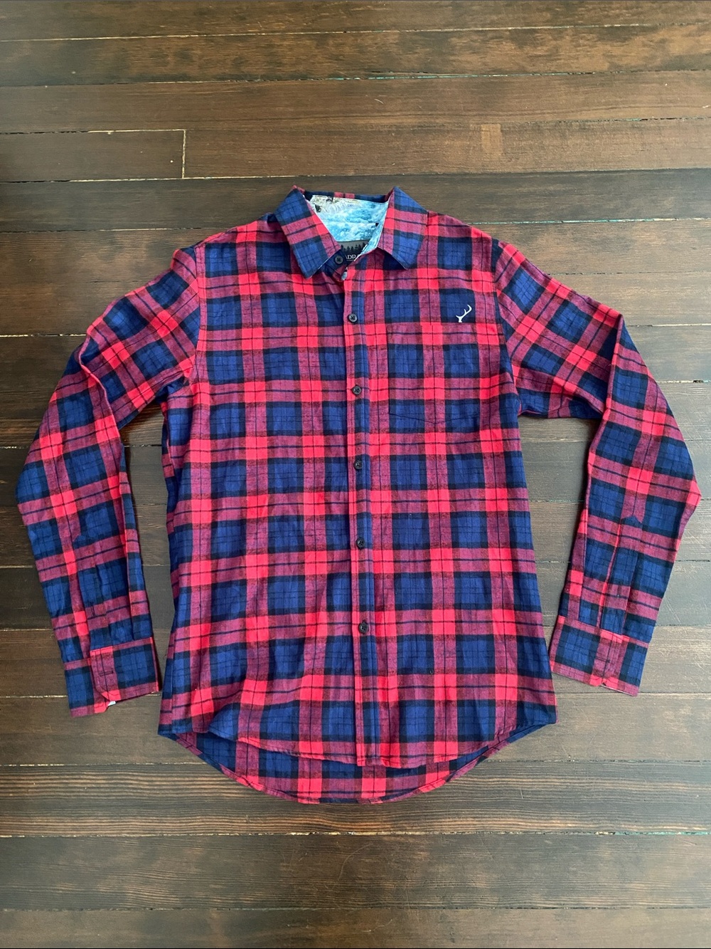 Pladra, Men's Red and Navy Plaid Button-Up Shirt, Size M